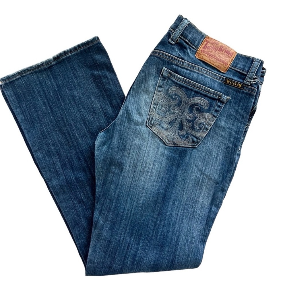 VTG lucky Jazmin Dark Blue Flared Jeans Y2K Jean embroiled pockets SZ 6/28